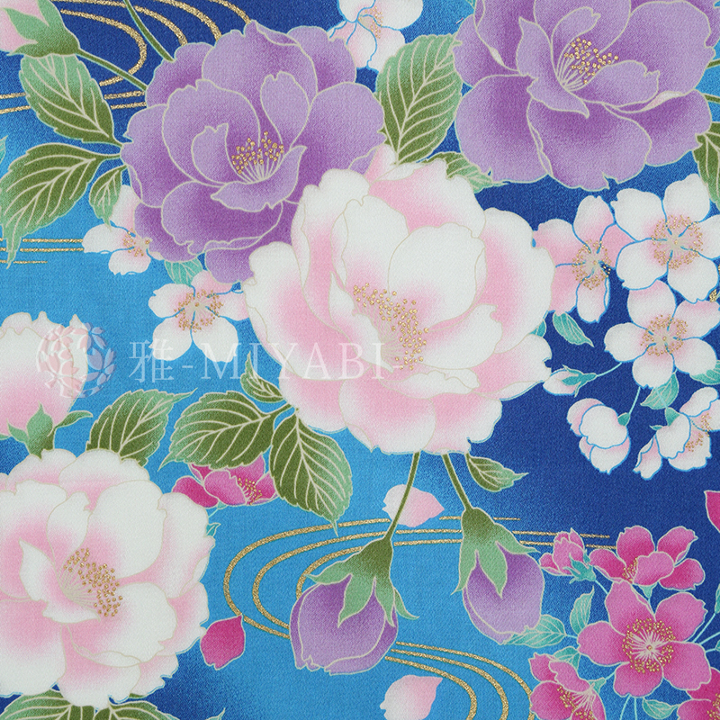 Cotton yuzen  桜尽し / Sakura zukushi/ 青(blue)