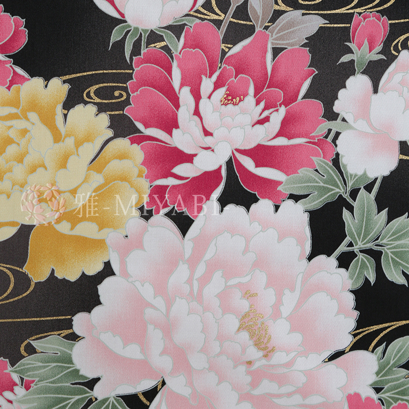 Cotton yuzen   牡丹尽し / Botan zukushi / 黒(black)